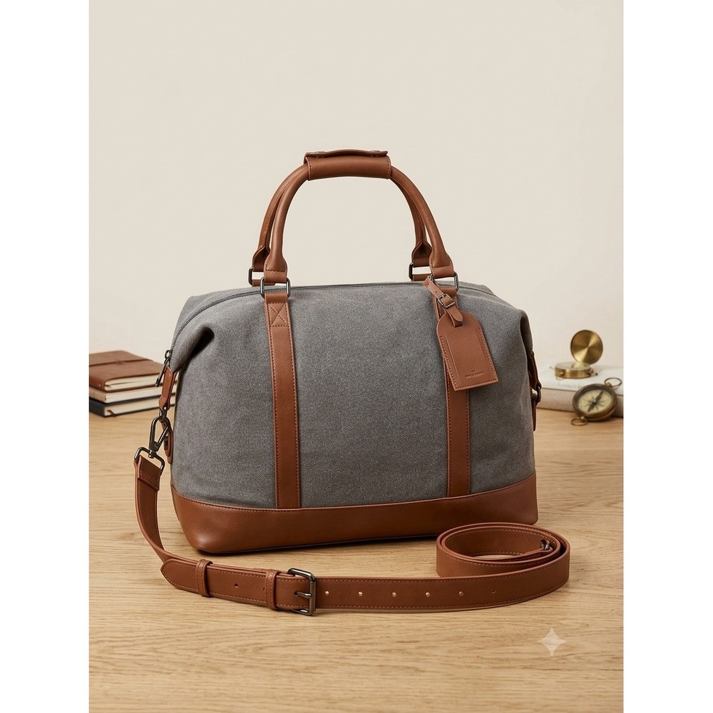 Grey Canvas Weekend Duffel Bag Brown Faux Leather Trim Travel Overnight Tote